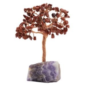 Arbre du Bonheur Jaspe Rouge sur Base Améthyste Brute – 14 cm
