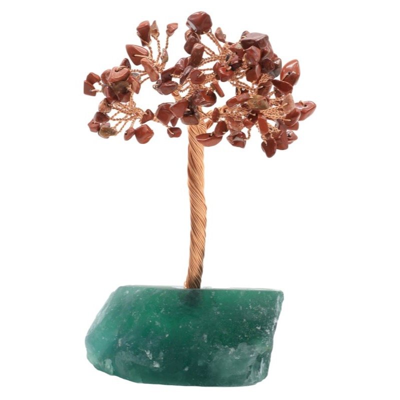 Arbre du Bonheur Jaspe Rouge sur Base Fluorite Brute – 14 cm