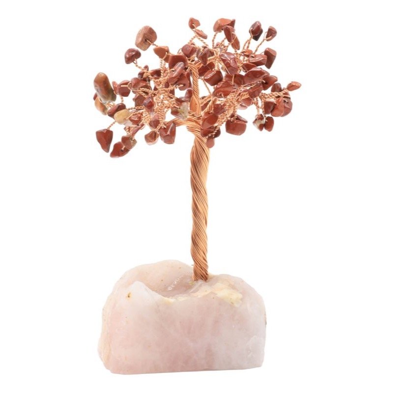 Arbre du Bonheur Jaspe Rouge sur Base Quartz Rose Brute – 14 cm