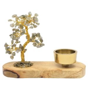 Arbre du Bonheur Labradorite avec Bougeoir en Bois de Manguier – 17 cm