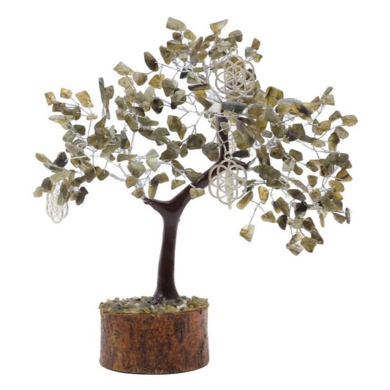 Arbre du Bonheur Labradorite et Graine de Vie – 300 Pierres Brutes, 22 x 25 cm