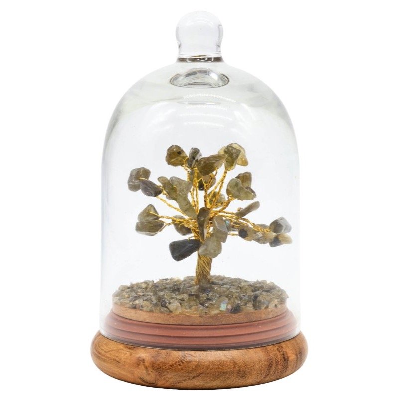 Arbre du Bonheur Labradorite sous Cloche en Verre – 13 cm