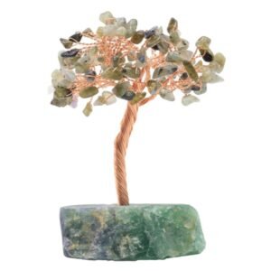 Arbre du Bonheur Labradorite sur Base Fluorite Brute – 14 cm