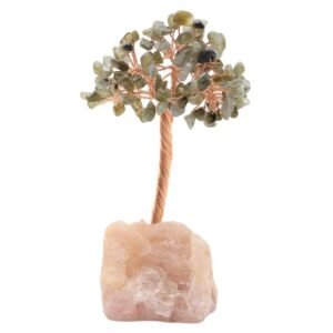 Arbre du Bonheur Labradorite sur Base Quartz Rose Brute – 14 cm