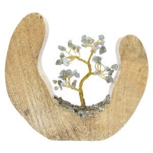 Arbre du Bonheur Labradorite sur Décor Bois de Manguier – 17 cm