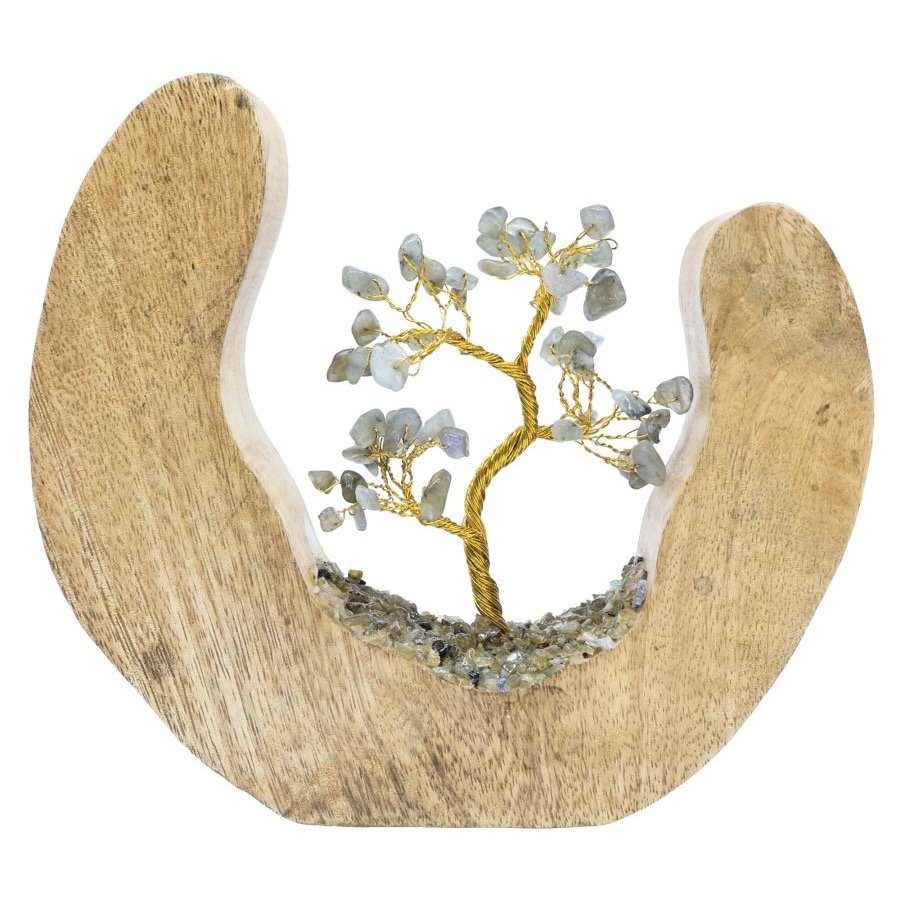 Arbre du Bonheur Labradorite sur Décor Bois de Manguier – 17 cm