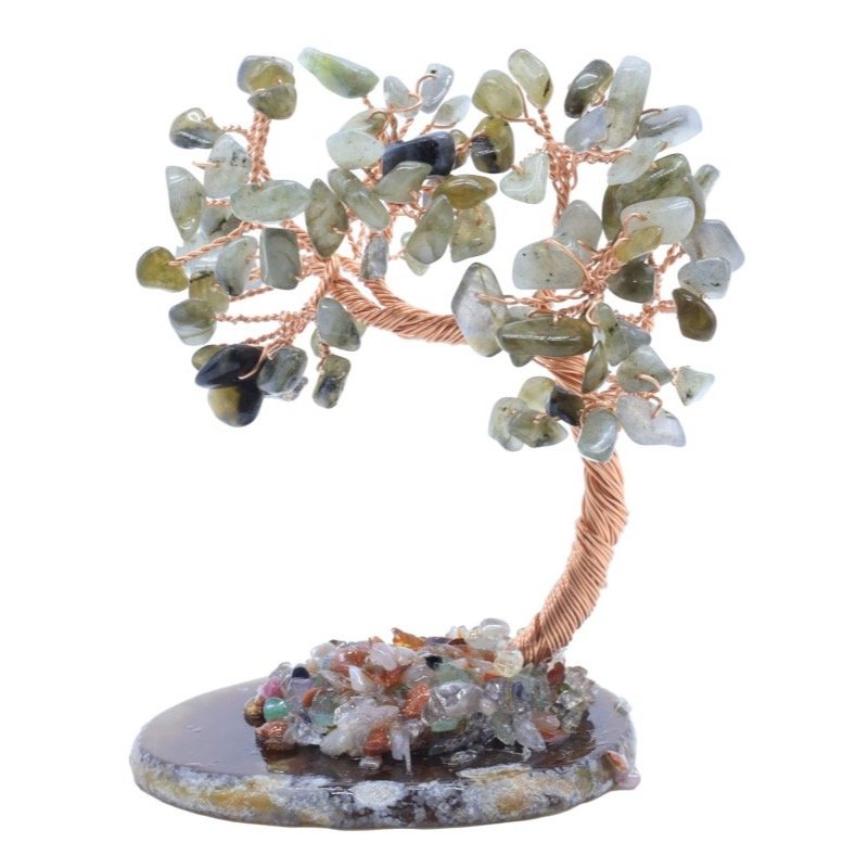 Arbre du Bonheur Labradorite sur Tranche d'Agate – 12 cm