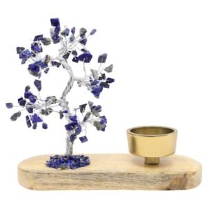 Arbre du Bonheur Lapis Lazuli avec Bougeoir en Bois de Manguier – 17 cm