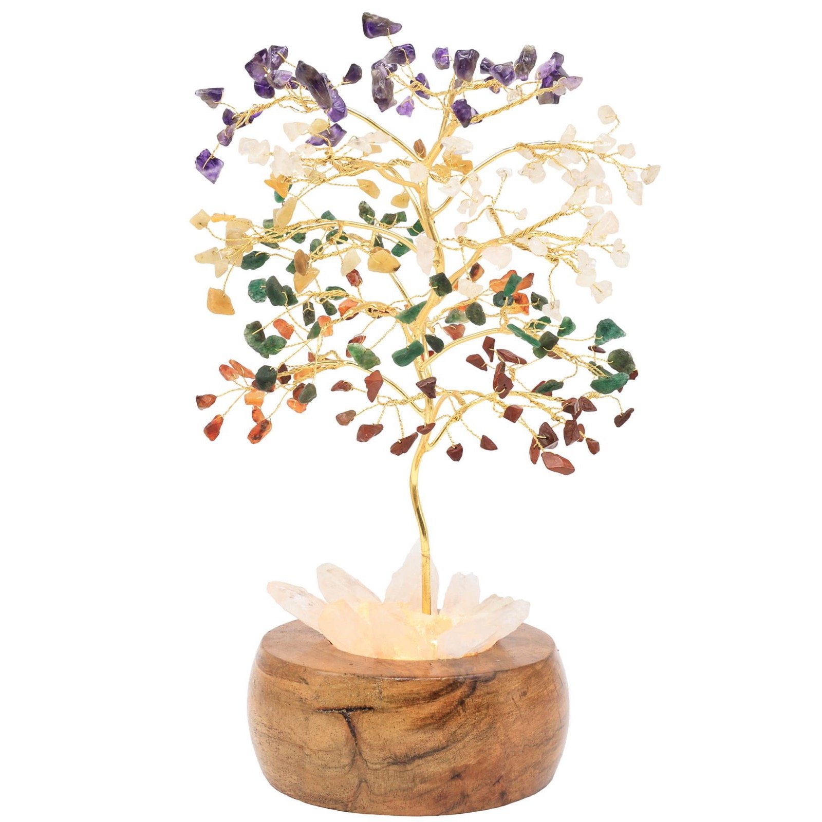 Arbre du Bonheur Lumineux 7 Chakras – Base Cristal de Roche, 28 cm