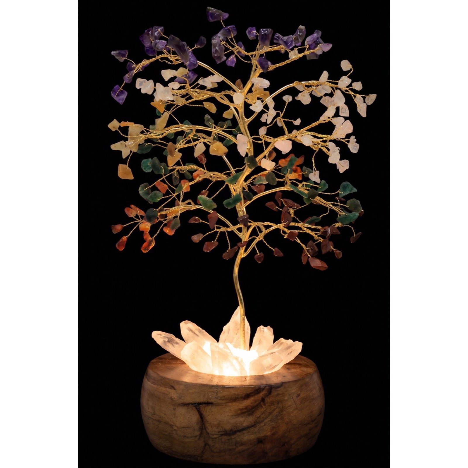 Arbre du Bonheur Lumineux 7 Chakras – Base Cristal de Roche, 28 cm