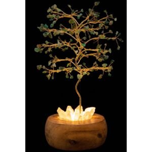 Arbre du Bonheur Lumineux Aventurine Verte – Base Cristal de Roche, 28 cm