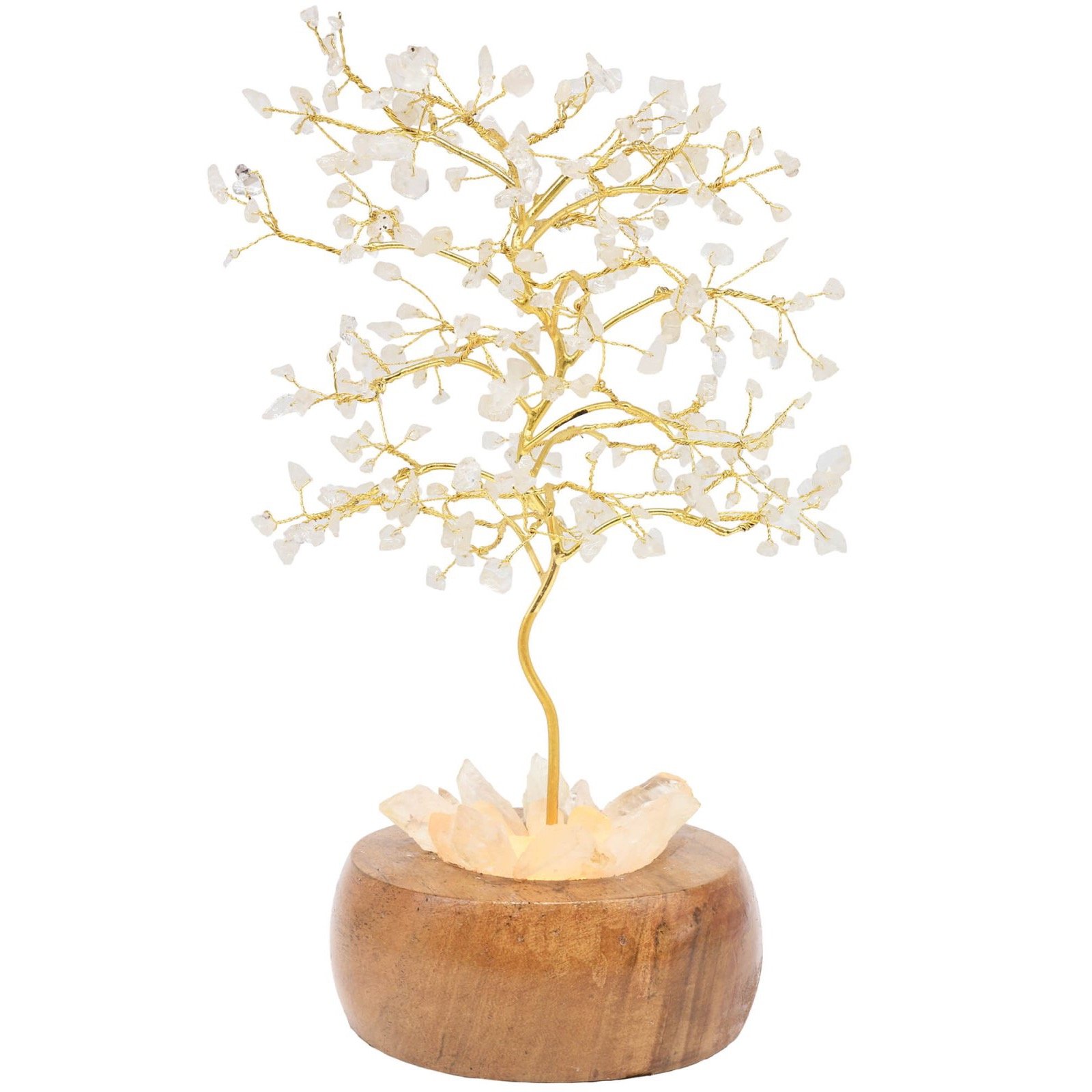 Arbre du Bonheur Lumineux Cristal de Roche – Base Cristal de Roche, 28 cm