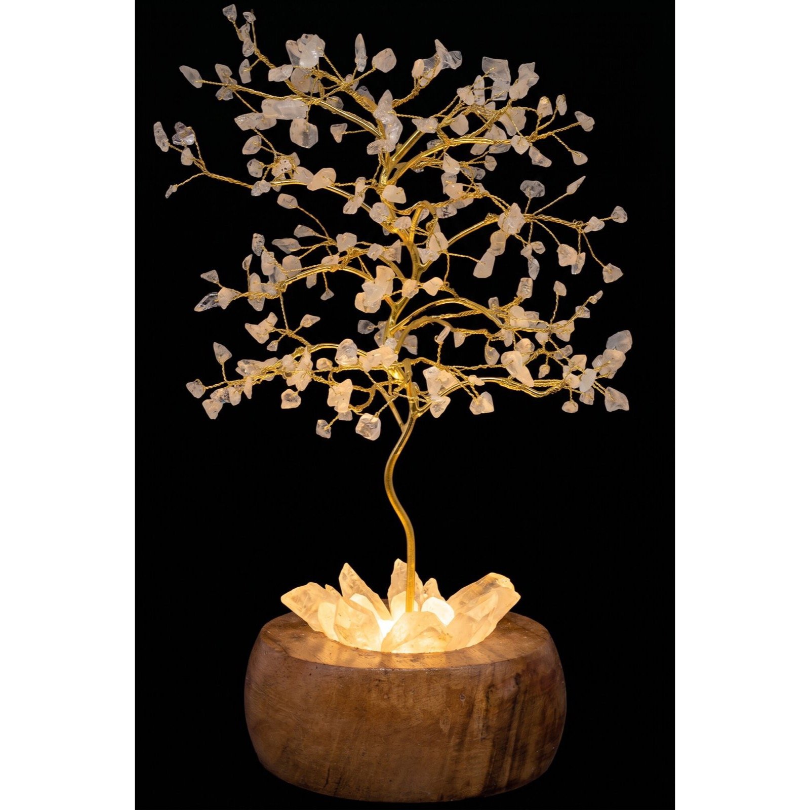 Arbre du Bonheur Lumineux Cristal de Roche – Base Cristal de Roche, 28 cm
