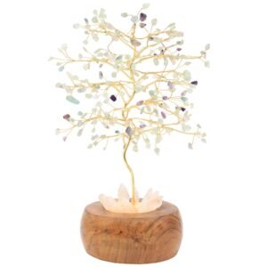 Arbre du Bonheur Lumineux Fluorite – Base Cristal de Roche, 28 cm