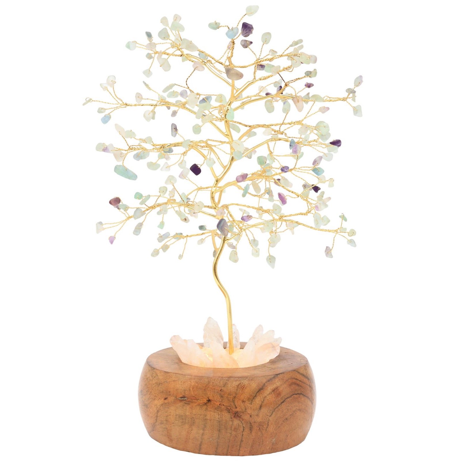 Arbre du Bonheur Lumineux Fluorite – Base Cristal de Roche, 28 cm
