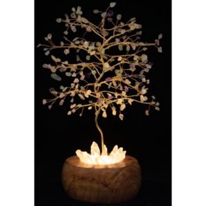 Arbre du Bonheur Lumineux Fluorite – Base Cristal de Roche, 28 cm