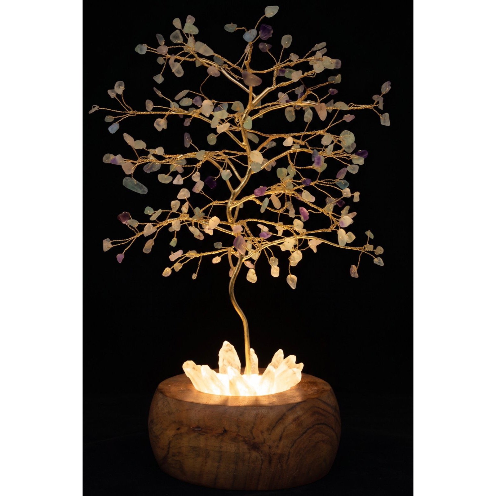 Arbre du Bonheur Lumineux Fluorite – Base Cristal de Roche, 28 cm