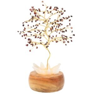 Arbre du Bonheur Lumineux Grenat – Base Cristal de Roche, 28 cm