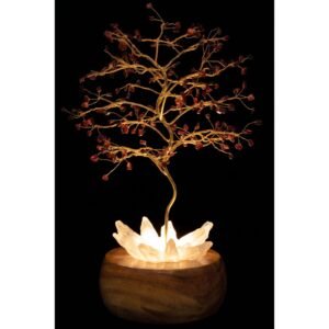 Arbre du Bonheur Lumineux Grenat – Base Cristal de Roche, 28 cm