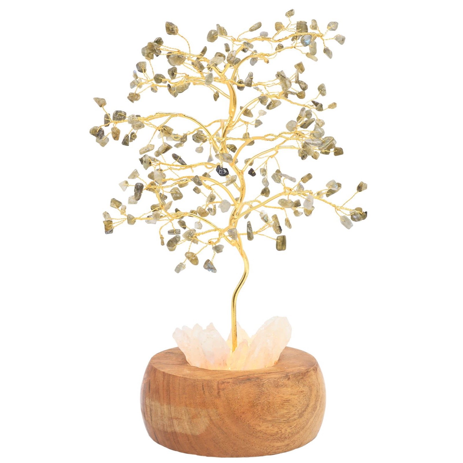 Arbre du Bonheur Lumineux Labradorite – Base Cristal de Roche, 28 cm