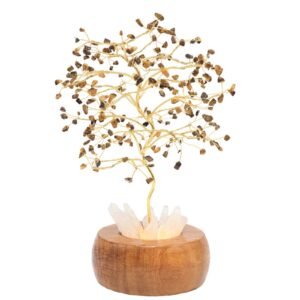 Arbre du Bonheur Lumineux Œil de Tigre – Base Cristal de Roche, 28 cm