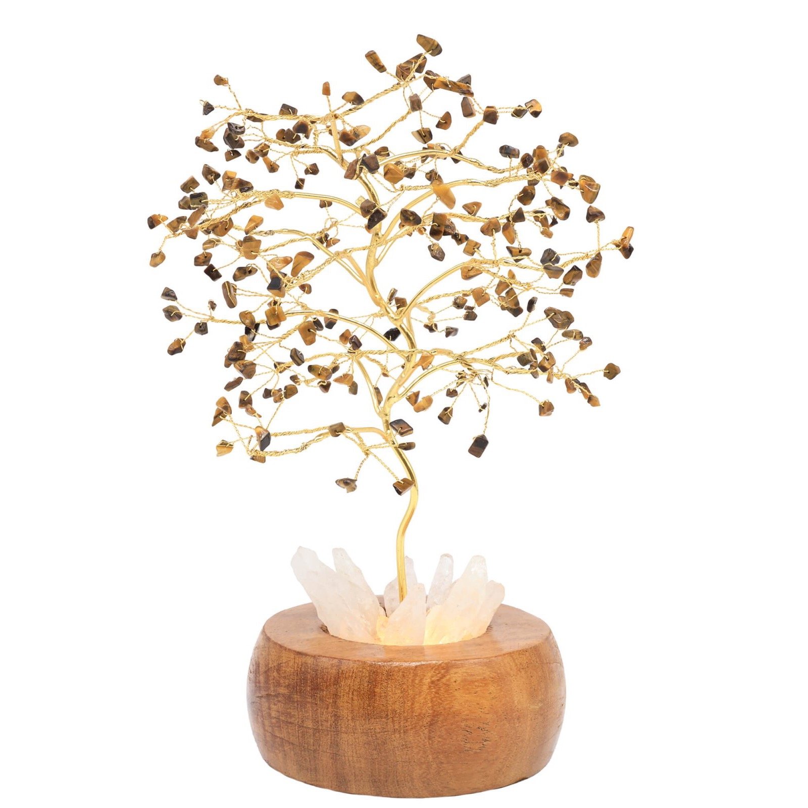 Arbre du Bonheur Lumineux Œil de Tigre – Base Cristal de Roche, 28 cm