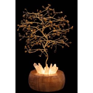 Arbre du Bonheur Lumineux Œil de Tigre – Base Cristal de Roche, 28 cm