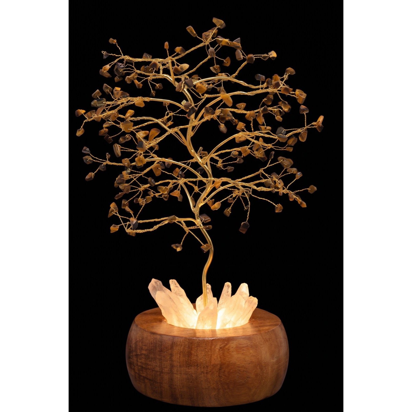 Arbre du Bonheur Lumineux Œil de Tigre – Base Cristal de Roche, 28 cm