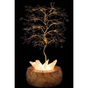 Arbre du Bonheur Lumineux Tourmaline Noire – Base Cristal de Roche, 28 cm
