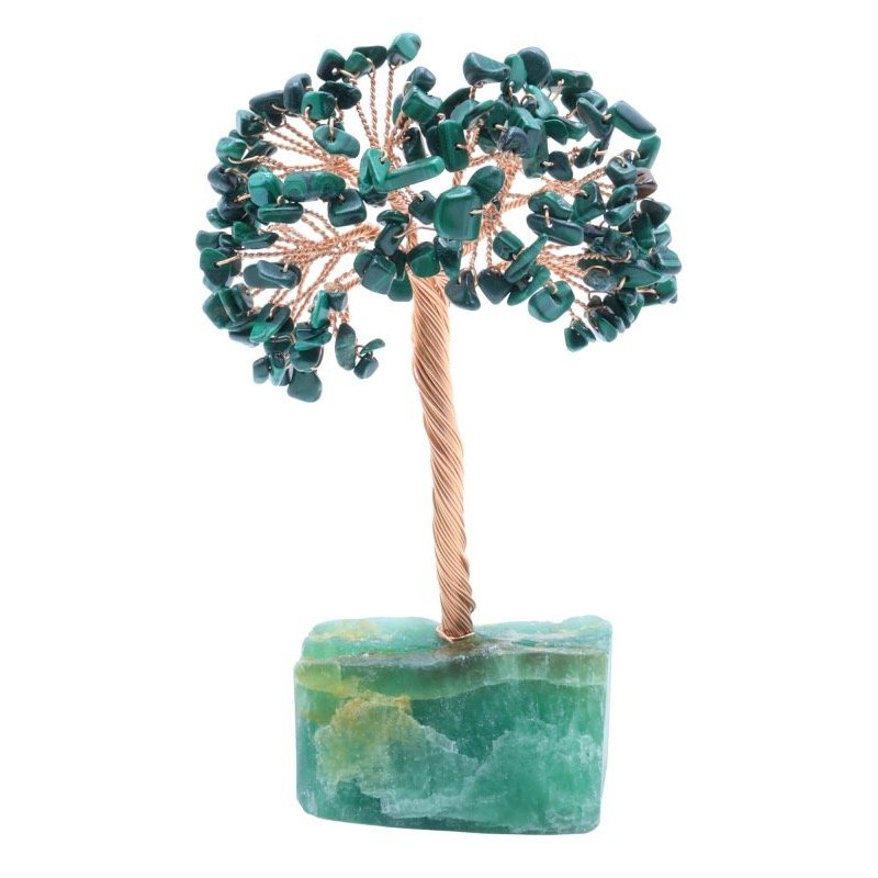 Arbre du Bonheur Malachite sur Base Fluorite Brute – 14 cm
