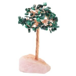 Arbre du Bonheur Malachite sur Base Quartz Rose Brute – 14 cm