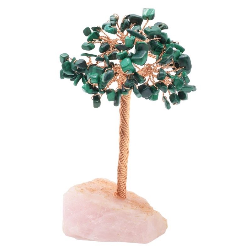 Arbre du Bonheur Malachite sur Base Quartz Rose Brute – 14 cm