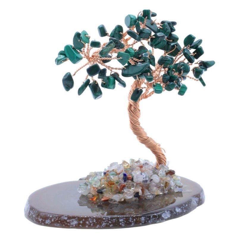 Arbre du Bonheur Malachite sur Tranche d'Agate – 12 cm