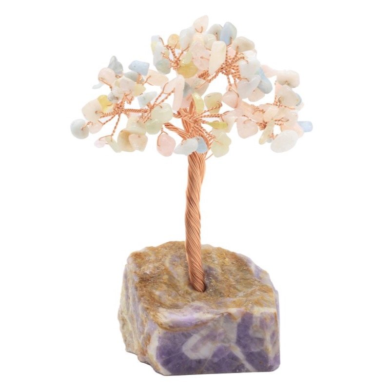 Arbre du Bonheur Morganite sur Base Améthyste Brute – 14 cm