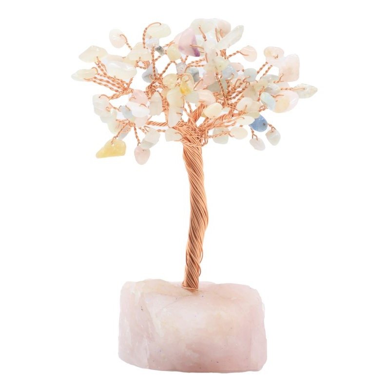 Arbre du Bonheur Morganite sur Base Quartz Rose Brute – 14 cm
