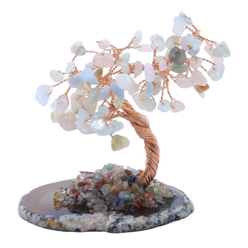 Arbre du Bonheur Morganite sur Tranche d'Agate – 12 cm