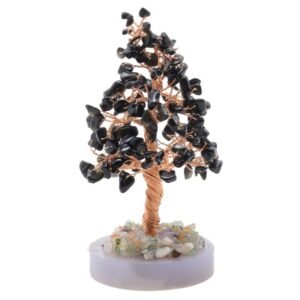 Arbre du Bonheur Obsidienne Noire sur Agate Polie – 14 cm