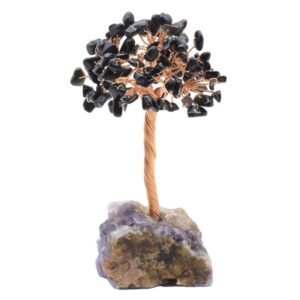Arbre du Bonheur Obsidienne Noire sur Base Améthyste Brute – 14 cm
