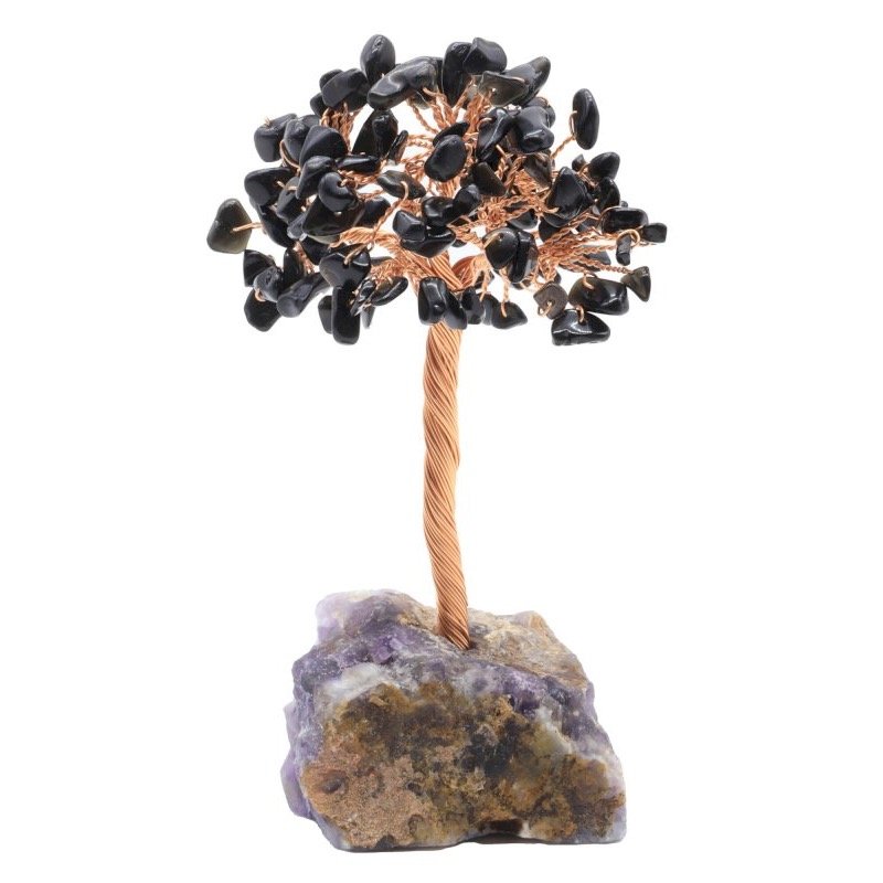 Arbre du Bonheur Obsidienne Noire sur Base Améthyste Brute – 14 cm