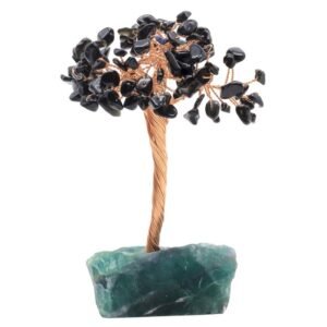 Arbre du Bonheur Obsidienne Noire sur Base Fluorite Brute – 14 cm
