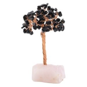 Arbre du Bonheur Obsidienne Noire sur Base Quartz Rose Brute – 14 cm