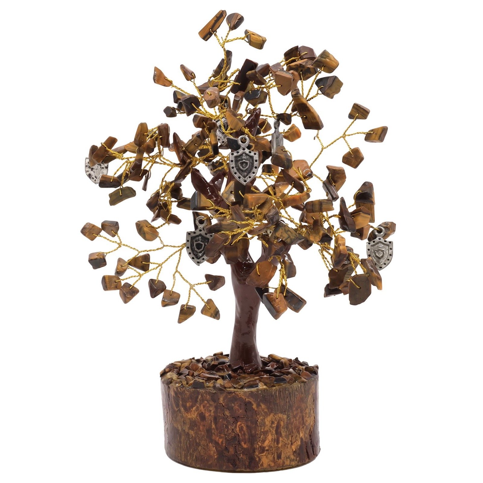 Arbre du Bonheur Œil de Tigre et Bouclier – 160 Pierres, 18 cm