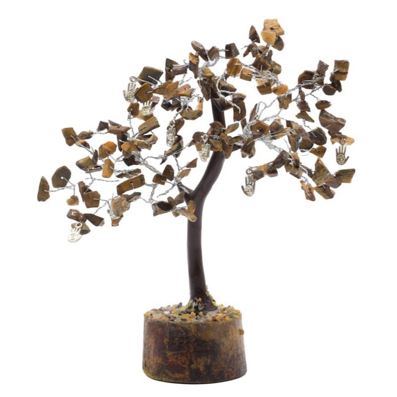 Arbre du Bonheur Œil de Tigre et Main Reiki – 160 Pierres Brutes, 15 x 18 cm