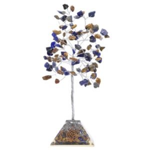 Arbre du Bonheur Œil de Tigre & Lapis Lazuli Orgonite – 100 Pierres Brutes, 8 x 21 cm