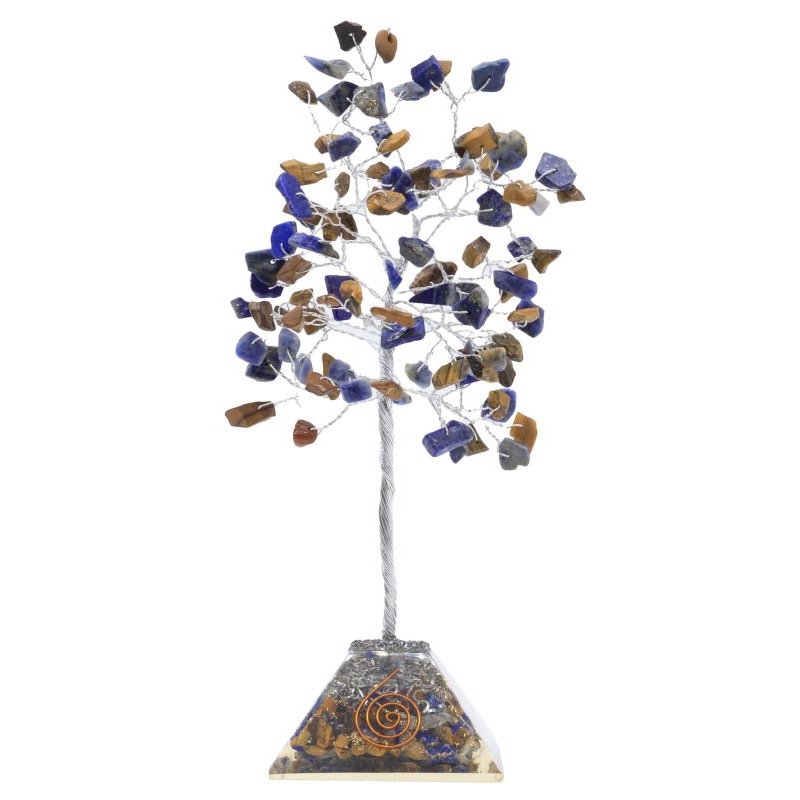 Arbre du Bonheur Œil de Tigre & Lapis Lazuli Orgonite – 100 Pierres Brutes, 8 x 21 cm