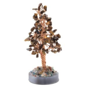 Arbre du Bonheur Œil de Tigre sur Agate Polie – 14 cm