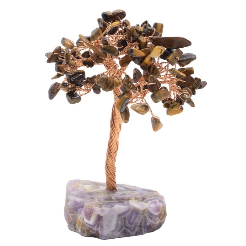 Arbre du Bonheur Œil de Tigre sur Base Améthyste Brute – 14 cm