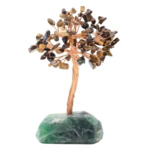 Arbre du Bonheur Œil de Tigre sur Base Fluorite Brute – 14 cm