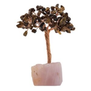 Arbre du Bonheur Œil de Tigre sur Base Quartz Rose Brute – 14 cm