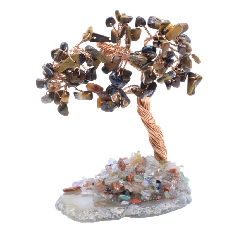 Arbre du Bonheur Œil de Tigre sur Tranche d'Agate – 12 cm